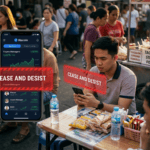 An editorial, candid photograph captures a busy afternoon scene at an open-air street food market in Metro Manila, Philippines. In the foreground, a young Filipino man in a patterned polo shirt sits at a crowded outdoor table, staring intently at his smartphone. On the left side of the frame, a large, stylized digital rendering of a mobile trading app interface titled "Riscoin" is overlaid, displaying a copy-trading dashboard with stock graphics and crypto managers. Superimposed over both the app graphic and the man's phone are bright red, translucent digital warning banners that boldly read "CEASE AND DESIST." The background is filled with blurred figures of local shoppers and street food vendors, creating a stark contrast between a typical daily routine and an abrupt regulatory intervention. The image features a shallow depth of field, warm cinematic golden-hour lighting, and sharp focus on the central subject and digital overlays.