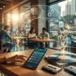 A young Southeast Asian woman sits at a wooden table inside a sunlit cafe in Manila, using a smartphone displaying a digital wallet app next to a vinyl record, while a subtle holographic arch depicts a glowing data flow connecting music media to digital asset tokens.