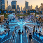 An elevated, wide-angle hybrid photograph of a modern public plaza in Manila during golden hour, surrounded by contemporary skyscrapers and historic architectural buildings. On the plaza ground, an overlaid, glowing circuit-board network map of light radiates outwards from a central hub to connect diverse groups of young adults, students, and creators. The individuals are actively interacting with tablets and smartphones, which display floating, transparent holographic icons representing digital art pieces, music tracks, tokens, and intellectual property nodes. The scene captures a collaborative, decentralized ecosystem that visually merges real-world community spaces with a digital ownership economy.