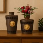 Antique Iron Vases with Golden Sun Medallion – Set of 2 (With & Without Floral Display)