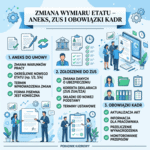 Infografika „Zmiana wymiaru etatu – aneks, ZUS i obowiązki kadr” z trzema sekcjami: aneks do umowy, zgłoszenie do ZUS oraz obowiązki kadr.