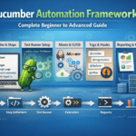 nfographic of Cucumber Automation Framework showing feature files, step definitions, test runner setup, Maven and CI/CD integration, tags and hooks, reporting, and parallel execution for beginner to advanced guide in test automation,Cucumber Automation Framework