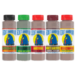 5 bottles of sauce lined up. Red Scorpion, Smoky Aardvark, Aardvark Smoked Reaper, Serrabanero Green Hot Sauce, Aardvark Habanero Hot Sauce.