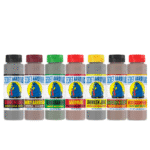 Line up of combo Mag 7: Bottle of Black Bean sauce, Smoky Aardvark, Serrabanero, Habanero, Red Scorpion, Reaper,
