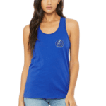 woman modeling blue tank with aardvark logo