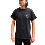 man in black tee shirt with secret aardvark logo over right side