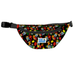 Close up of fanny pack on wait. The pack has secret aardvark's log with peppers and bottles of sauce.