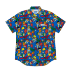 Button up shirt with bright peppers and bottles of aardvark on it