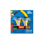 Box of 3-pack gift set. Box is blue with the Aardvark logo and a window cut out showing the three hot sauces: Aardvark Habanero, Serrabanero, and Smoky.