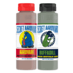 Bottle of Aardvark Habanero Hot Sauce and bottle of Buffadill Green Buffalo Sauce