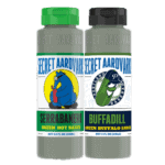 a bottle of Serrabanero Green Hot Sauce and Buffadill Green Buffalo Sauce.