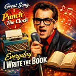 Illustration of Elvis Costello performing “Everyday I Write the Book”, with a vintage typewriter, open book, musical notes and clock imagery inspired by the album Punch the Clock