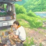 車中泊の旅の途中川辺で昼食を作り食べている様子の画像
