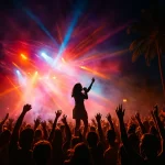 Concert nocturne à Madagascar avec chanteuse silhouette sur scène, lumières colorées, foule en fête et ambiance tropicale festive.