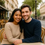 Couple franco-malgache souriant lors d’une rencontre en France, ambiance urbaine chaleureuse illustrant un moment de partage.
