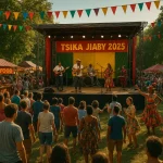 Scène du festival Tsika Jiaby 2025 avec concert malgache, danseurs traditionnels et ambiance culturelle en plein air.