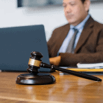 A wooden judge's gavel on a desk with a man in a suit working on a laptop in the background.