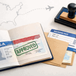 Infographic outlining US student visa steps: Form I-20, DS-160, fees, and interview.