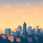 Illustration of a city skyline with interconnected lines representing coalition building, community networks, and systemic collaboration in social work.