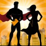 Mężczyzna i kobieta jako superman i superwoman - trzymają Pismo Święte i różaniec