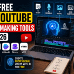 Free AI YouTube video making tools 2026 with AI video editor, laptop workspace, and content creation technology.