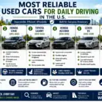 Most reliable used cars for daily driving in the U.S. including Toyota Corolla, Honda Civic, Toyota Camry, Honda Accord, Lexus ES, and Toyota Prius
