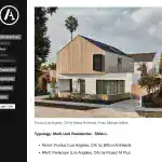 Contemporary multi-unit residential home with a minimalist design, featuring a combination of white stucco and wooden cladding, large glass windows, and a sloped dark roof.