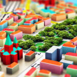 Colorful architectural model of a modern urban park and surrounding buildings with lush green trees and varied geometric shapes.