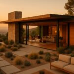 Contemporary single-story home with flat roof, large glass sliding doors, warm wooden interior, and stone chimney.