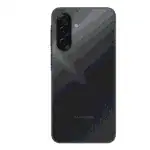 Back of a dark gray Samsung smartphone showing a vertical triple-camera module and flash in the top-left area on a reflective surface (rear view). The phone has curved edges and subtle light reflections.