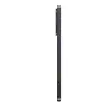 Slim black smartphone shown from the side, edge view with a raised top section and a side button.