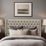Madison Park Amelia Upholstered Wingback Headboard with Button Tufting & Nailhead Trim in Beige Woven, Queen/Full MP116-1290