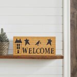Primitive Rustic Welcome Wall Decor Sign Mustard Saltbox House, Raven & Stars MDF Accent 7x16 Inch