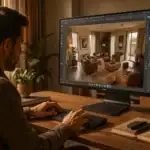 Innenarchitekt arbeitet mit KI-gestützter 3D-Raumvisualisierung am Bildschirm