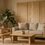 Nachhaltig gestaltetes Wohnzimmer mit Naturmaterialien, Eichenholz und Myzel-Wandpaneelen