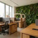 Modernes New-Work-Büro 2026 mit Pflanzenwand, Holzmöbeln, Akustik-Pods und Tageslicht