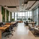 Moderne Büro-Arbeitswelt mit Pflanzenwänden, Holz und Tageslicht
