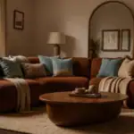 Wohnzimmer mit geschwungenem Sofa in Schokobraun, ovalem Tisch und Bogenspiegel