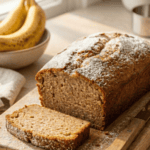 A vertical Pinterest-style image of a Banana Bread Loaf on a wooden board. The photo shows a Simple Banana Bread Recipe result that is golden brown and dusted with powdered sugar. In the background, a bowl of yellow bananas sits near a window. Top text overlay says: "Easy Banana Bread Recipe (A Foolproof, Budget-Friendly Recipe!)" highlighting this Homemade Banana Bread.