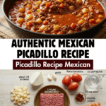 A 2:3 vertical shot featuring a rustic plate of ground beef and potato picadillo over white rice, with a large, warm skillet of the cooked meal in the background.