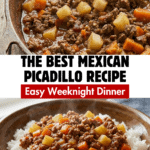 Top-down view of a vertical image showing a bowl of rice topped with hearty Ground Beef Picadillo and potatoes on a rustic wooden table.