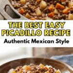 Vertical photo showcasing a rustic dinner setting with a steaming bowl of authentic Mexican Picadillo over rice, with a cast-iron skillet visible in the background.