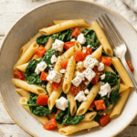 Close up of a bowl of Spinach Feta pasta
