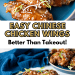 Eye-level shot of two plates of glazed Chinese wings with a blue napkin in the background.