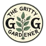 The Gritty Gardener logo, a circular design with two large G's and a green plant illustration in the center.