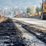 Budowa drogi – podbudowa z gruntu stabilizowanego spoiwem, w tle maszyna drogowa