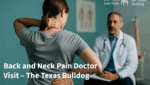 Woman holding her neck and lower back in pain while speaking with a doctor during a medical evaluation for back and neck injuries.