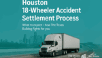 Featured image showing a semi-truck on a Houston freeway with teal branding for the article “Houston 18-Wheeler Accident Settlement Process” by The Miller Law Firm – The Texas Bulldog.