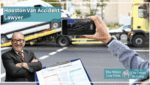 Houston van accident lawyer Adam Miller standing in front of a delivery van crash scene being documented after an accident.