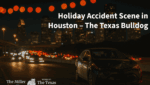 Nighttime Houston highway accident scene with a damaged car in the foreground and blurred holiday lights and city skyline in the background.